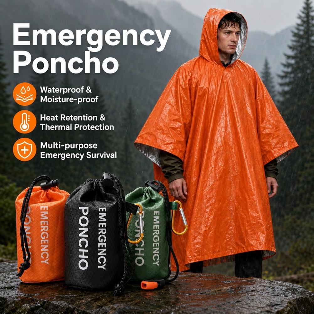 Emergency Poncho Rain - Tragbares Notfall-Regenponcho-Set, wasserdichter Regenmantel mit Kapuze,